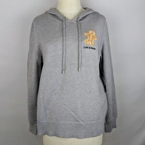 Life Is Good Sweater Hooded Knit Embroidered Gingerbread Man Grey M NWT